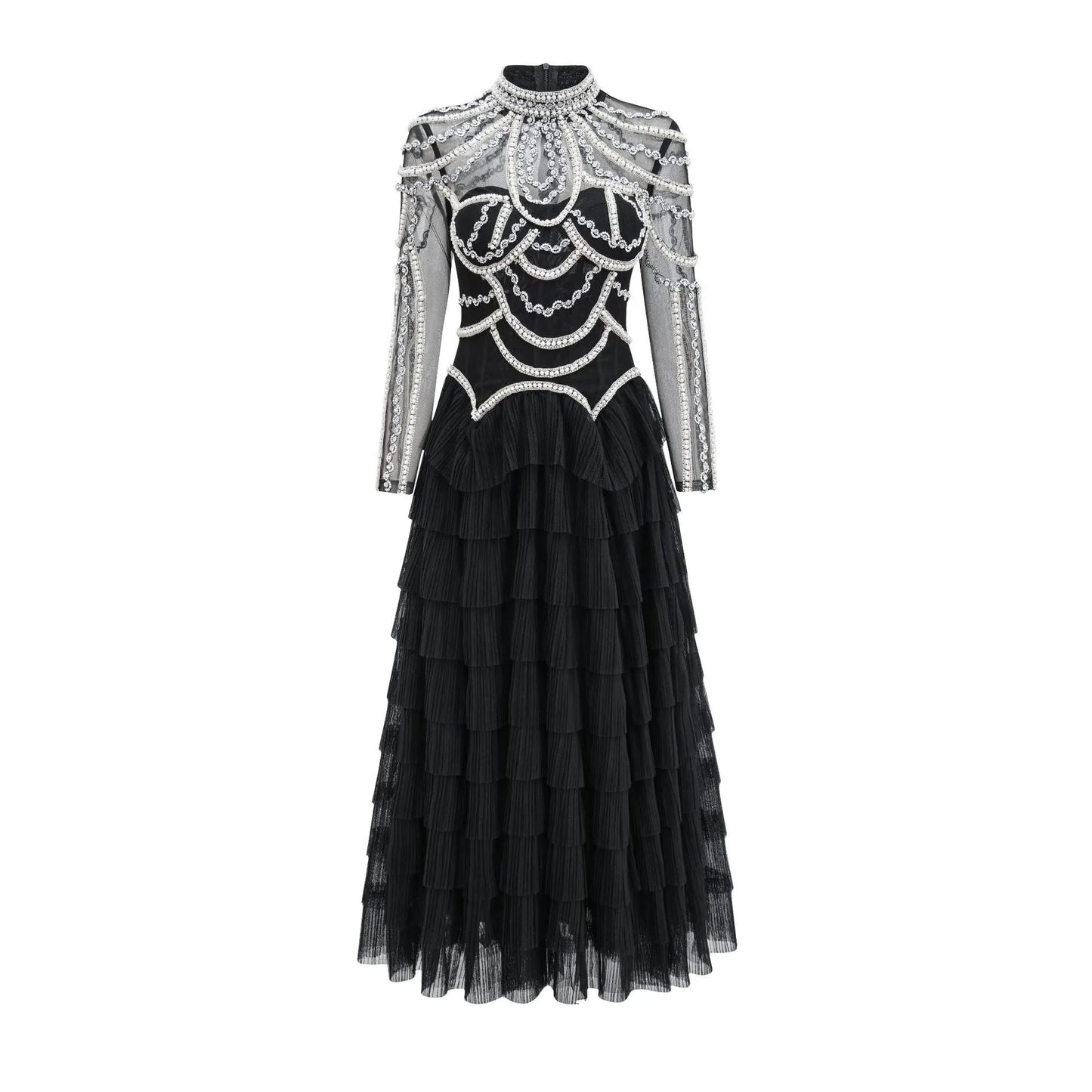 Women's long sleeve black beaded dress with 3D decoration and a mid waist.