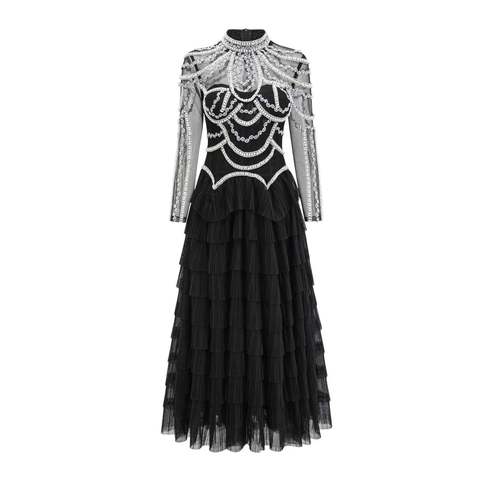 Women's long sleeve black beaded dress with 3D decoration and a mid waist.