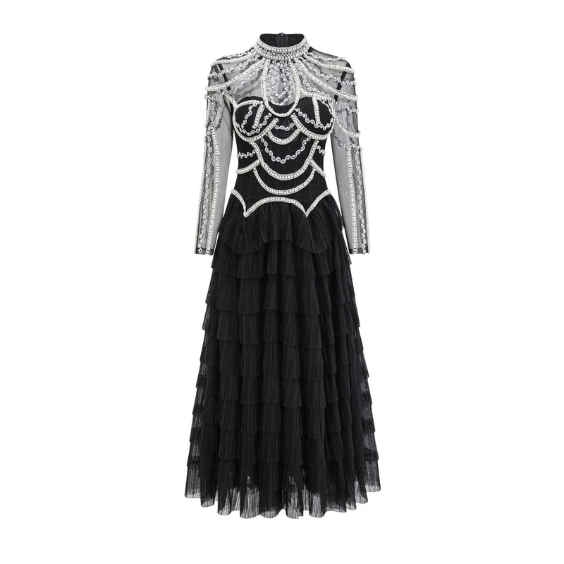 Long Sleeve Beaded Dress for women, made from polyester fabric with a mid waist, featuring 3D decorative beaded craft on a long skirt in black or pink, available in sizes S M L XL XXL for adult female wear.