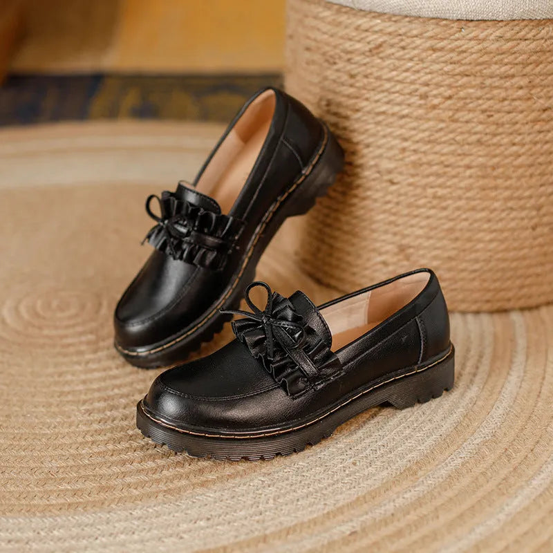 British style women's leather shoes with round toe and chunky flat heel in black or brown