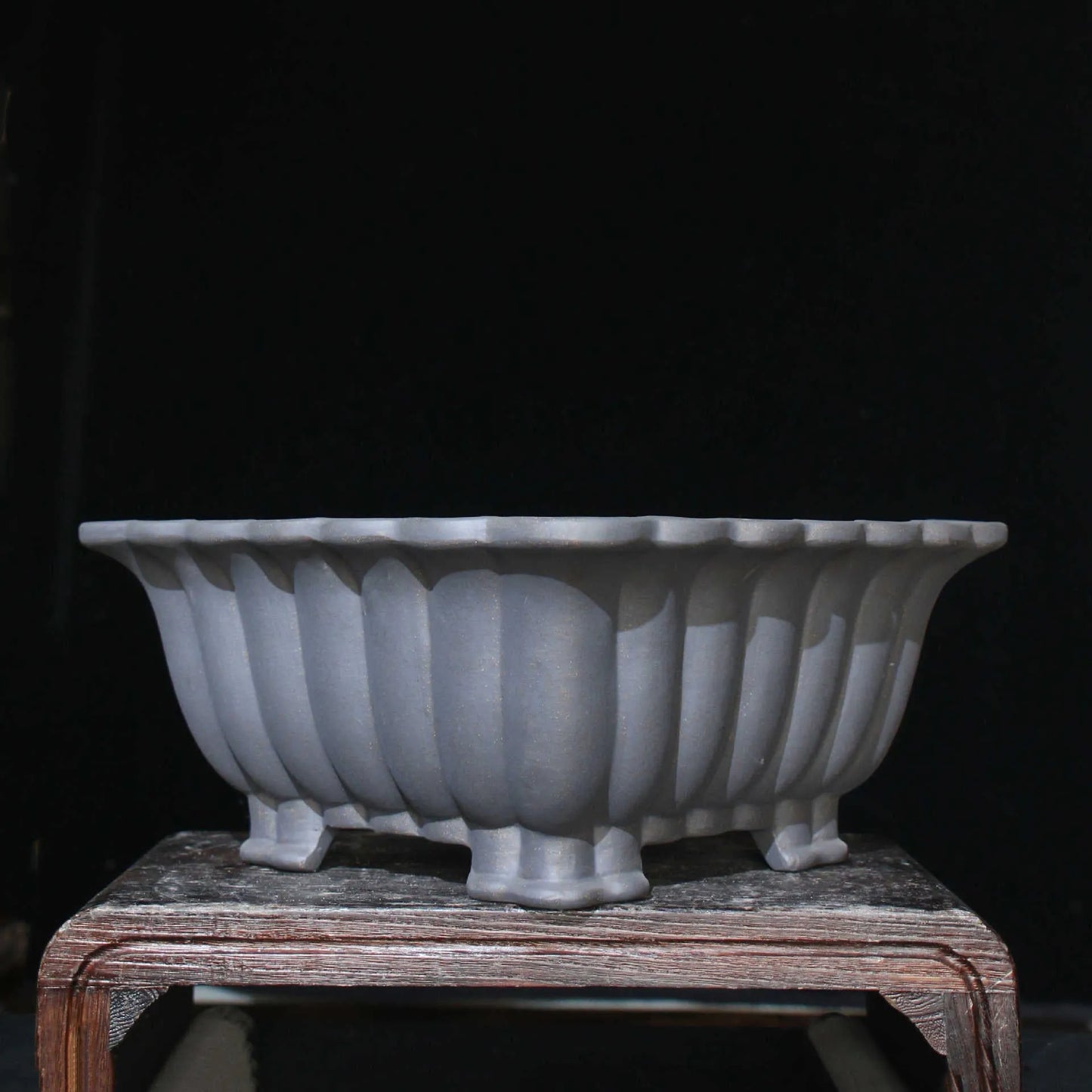 Square purple sand ceramic bonsai pot with 37cm diameter on desktop with small plant