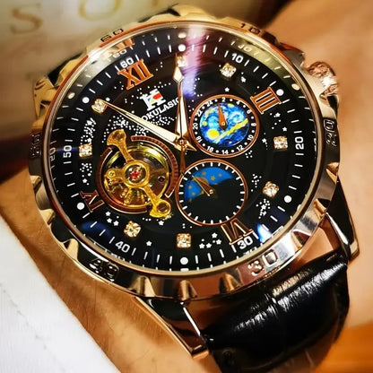 Black dial automatic watch with rose gold case, genuine leather strap, and visible mechanical movement through hollow design