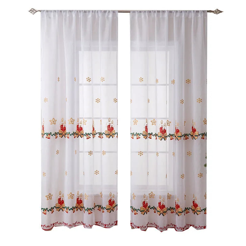Pair of white Christmas curtains with embroidered snowflake design, semi-sunshade fabric for light control.