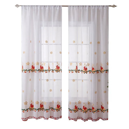 Pair of white Christmas curtains with embroidered snowflake design, semi-sunshade fabric for light control.