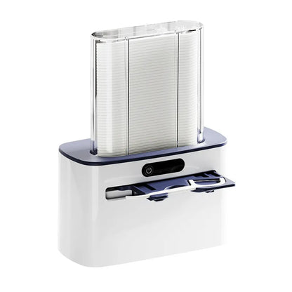 Dark grey automatic electric dental floss box with pop-up mechanism on a bathroom counter.