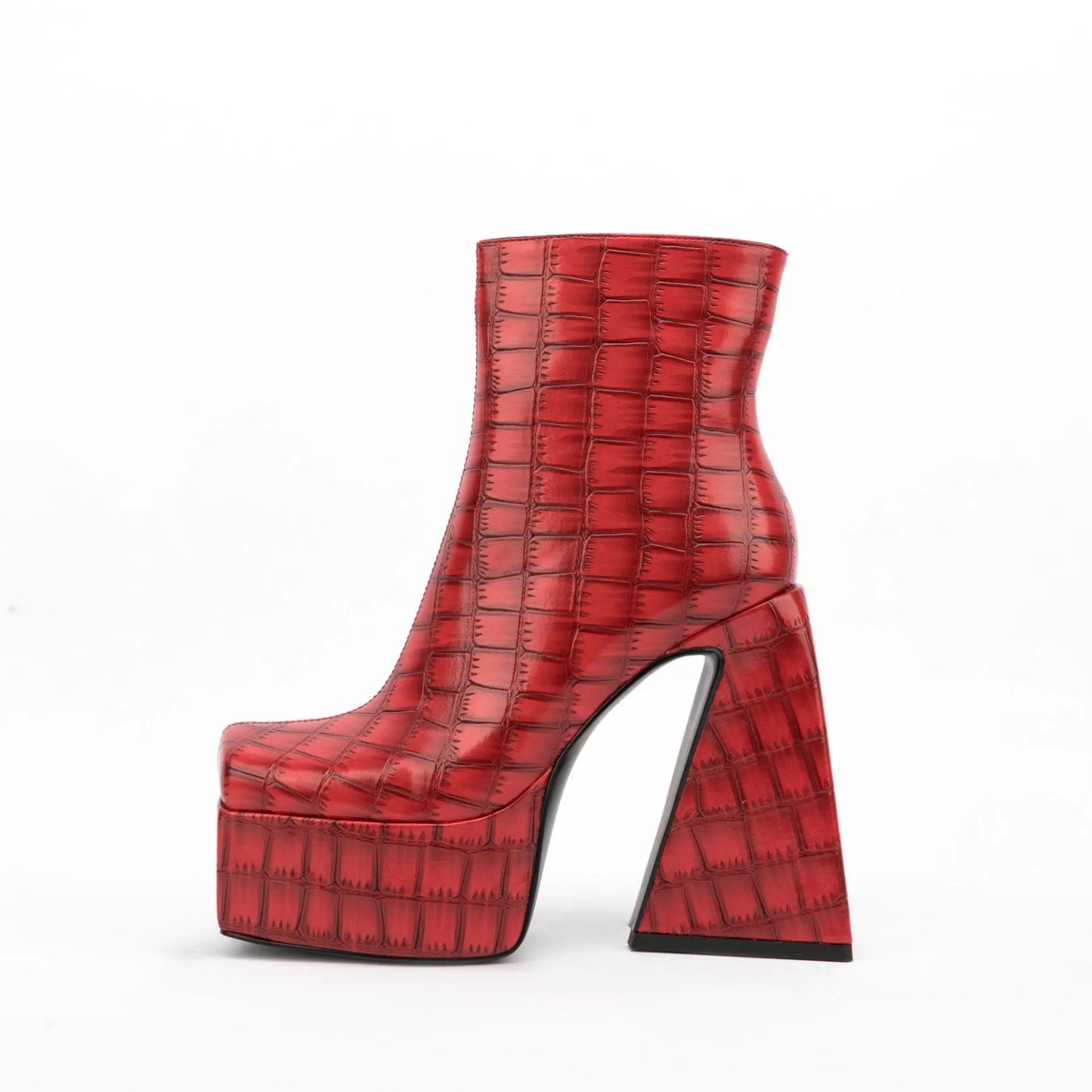 Women's ankle boots with 8cm heel in red, green, black, beige, or brown colours, artificial PU upper