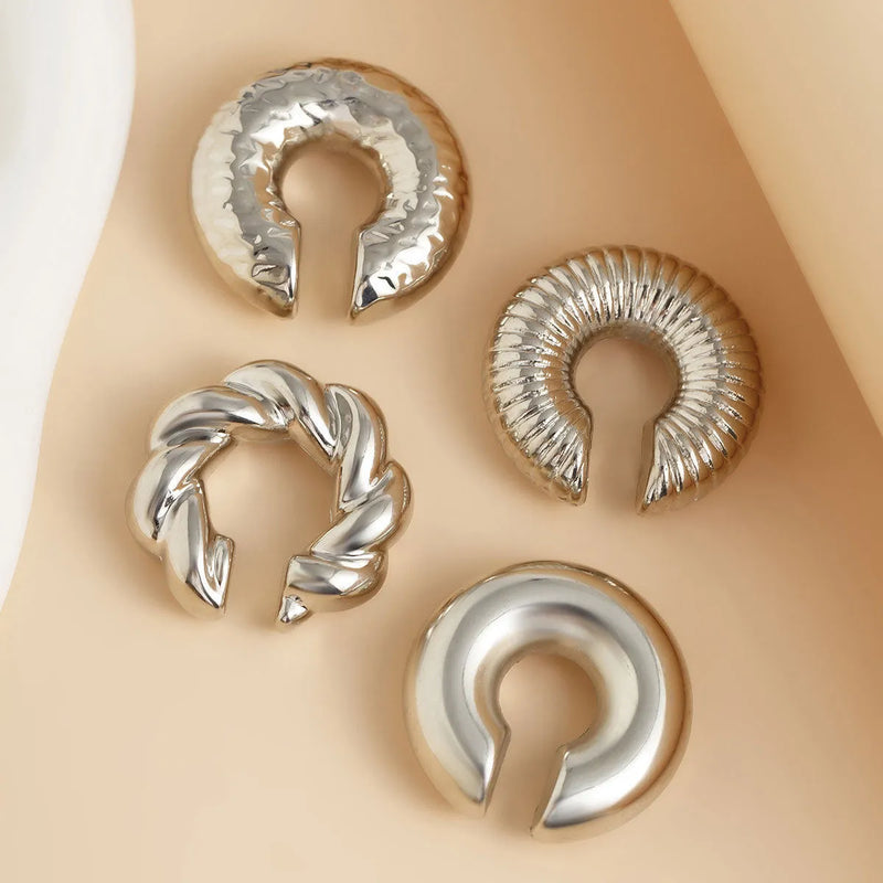 Ins Style Geometric Ear Clip for Women Without Pierced Ears - Affordable Luxury Earrings Set with Gold and Silver Colour Options Made from CCB Material - Includes 4 Pieces for Mix and Match Styling