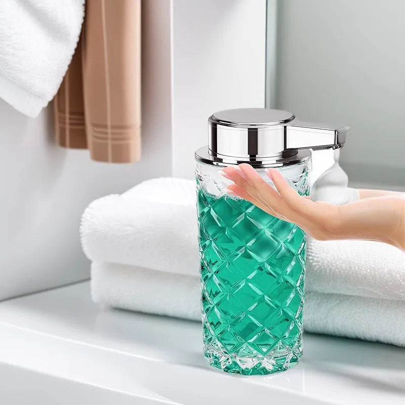 Automatic soap dispenser with silver finish and Type-C charging port showing infrared sensor beneath nozzle