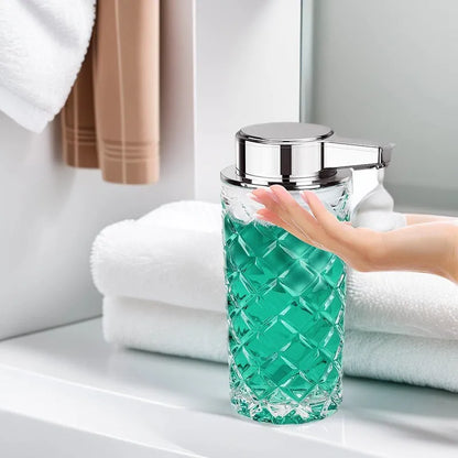 Automatic soap dispenser with silver finish and Type-C charging port showing infrared sensor beneath nozzle