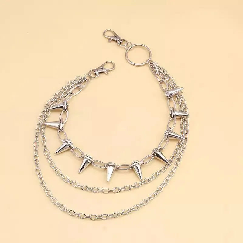 Silver double-layer pants chain with zipper and rivet details measuring 115cm for punk hip hop fashion