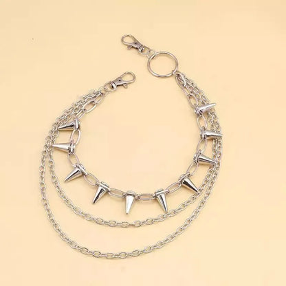 Silver double-layer pants chain with zipper and rivet details measuring 115cm for punk hip hop fashion