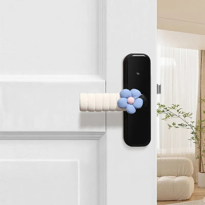 Flower door handle protective casing in beige colour with floral pattern, soft PEVA material, round shape for anti-collision