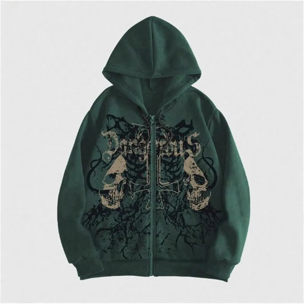 Men's black hooded sweatshirt with a white hot stamp skull design on the front, long sleeves.