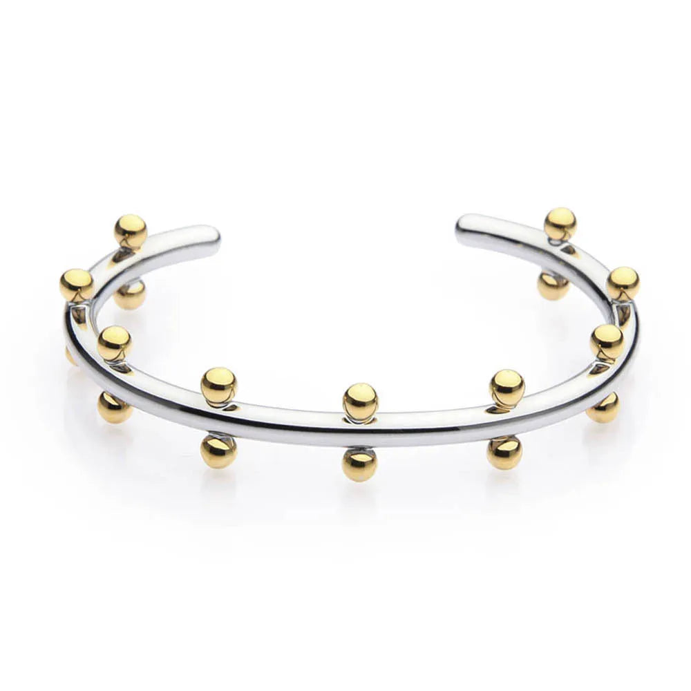 C-shaped stainless steel bracelet with textured rivets and bean beads in gold finish