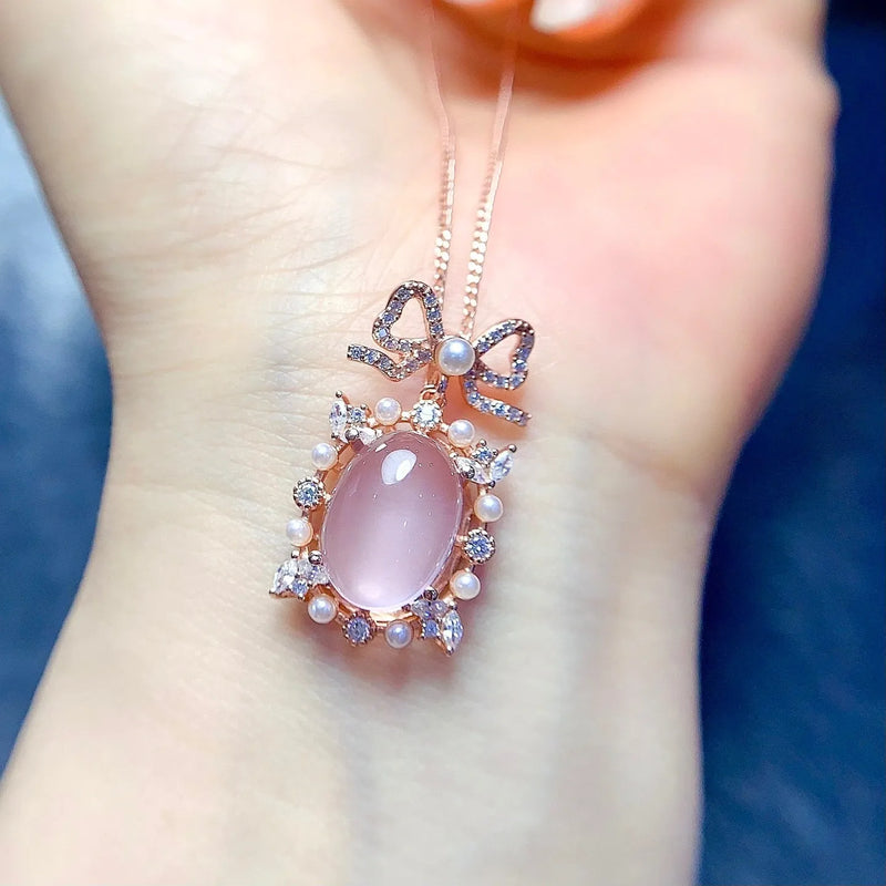 Natural Crystal Rose Quartz Pendant on a 925 Sterling Silver Chain with Rose Gold Plating, Geometric Design Elegant Fine Jewellery Necklace for Women, Pink Gemstone Statement Piece