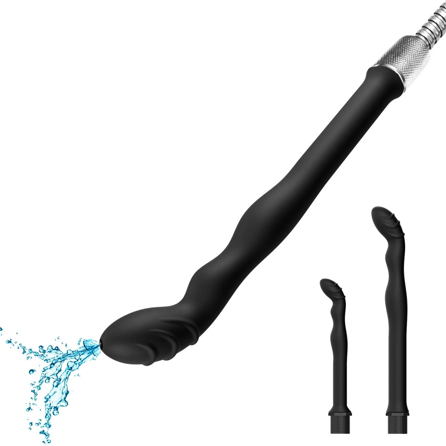 Black silicone enema hosepipe flusher for cleaning, shown in large and small size options with flexible design.