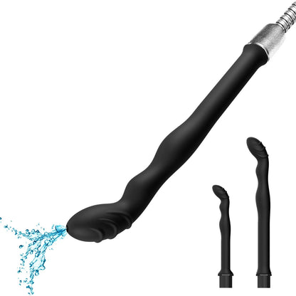 Black silicone enema hosepipe flusher for cleaning, shown in large and small size options with flexible design.