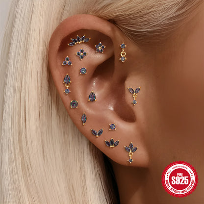 S925 sterling silver flat head thread piercing earring with super shiny rainbow stone, gold colour.