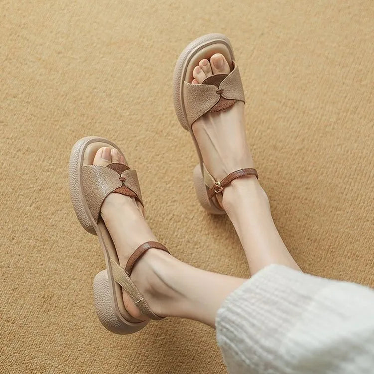 Beige women's chunky heel platform sandals with an open toe and rubber sole.