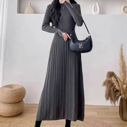 Women's high waist A-line knit skirt in a solid colour, knee-length midi style.