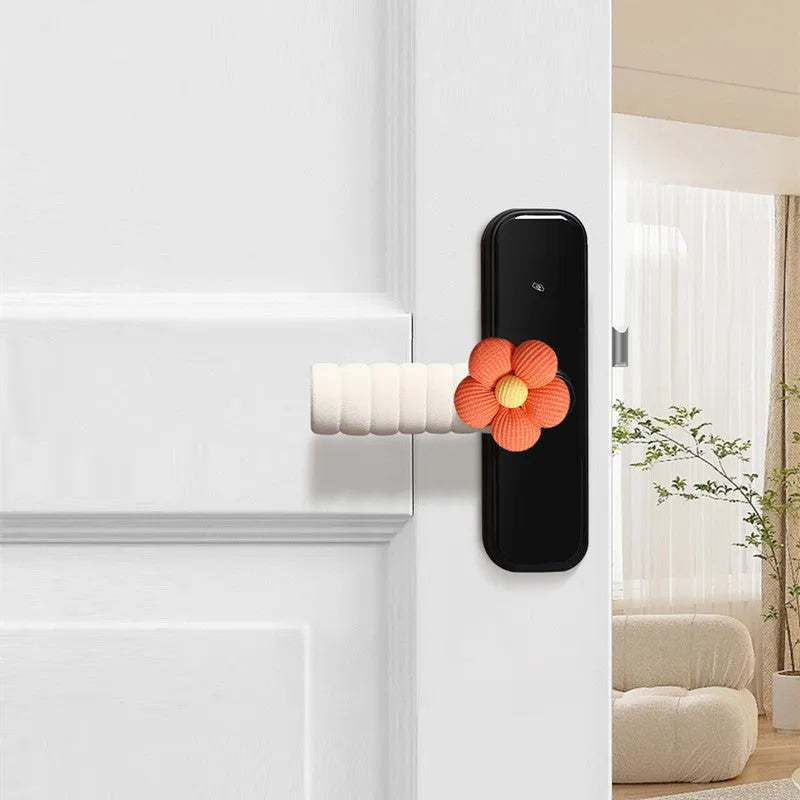 Flower door handle protective casing in beige colour with floral pattern, soft PEVA material, round shape for anti-collision