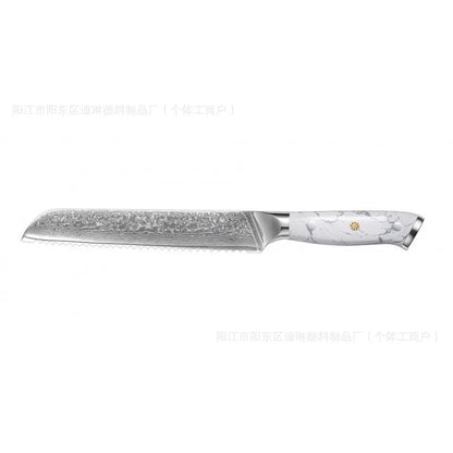 Damascus pattern chef's knife with a 21cm blade and dark handle on a wooden cutting board.