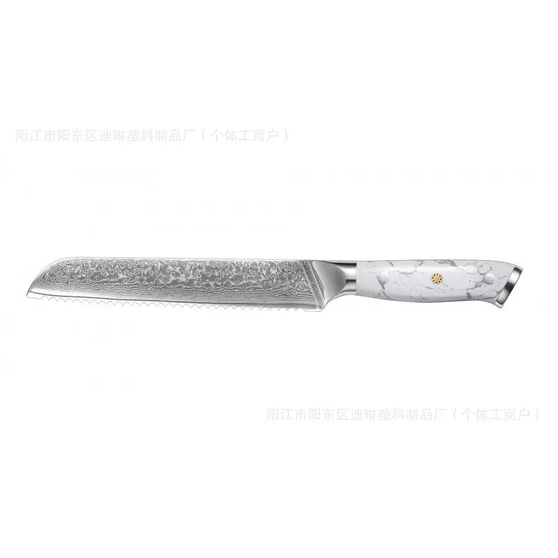 Damascus pattern VG10 steel chef's knife with a 21cm blade and simple handle on a wooden cutting board.