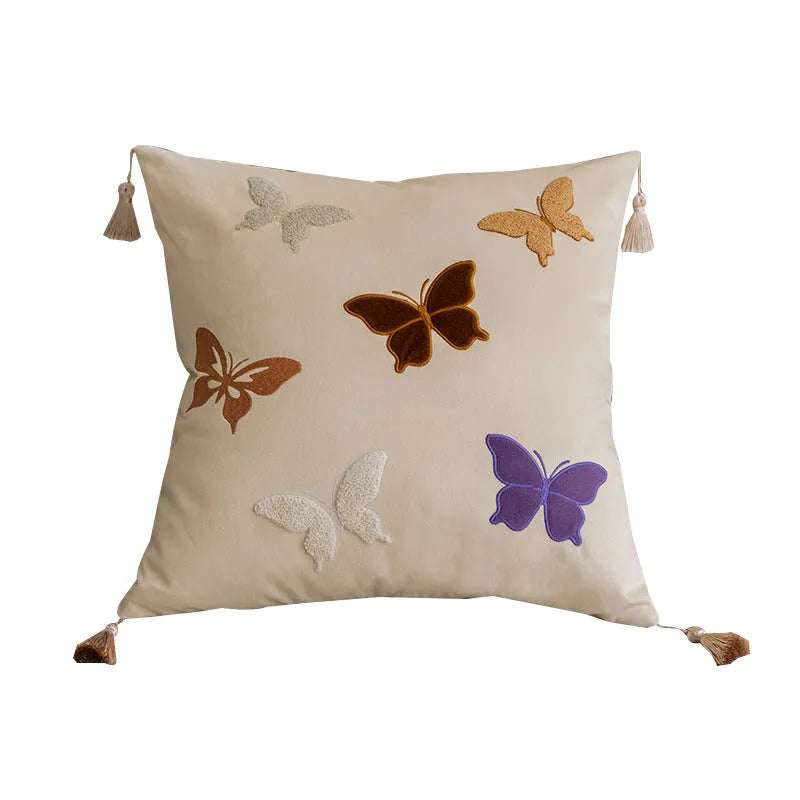 45x45cm square couch pillow with Chinese-style butterfly embroidery in beige colour