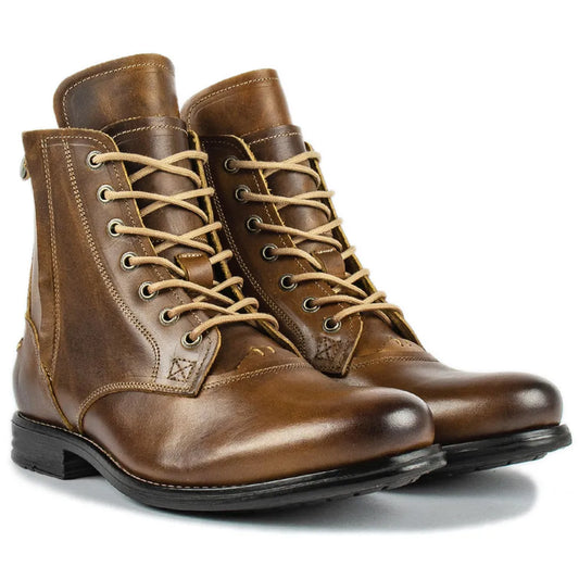Knight Series black and brown leather boots with side zipper, low heel, and two-tone design