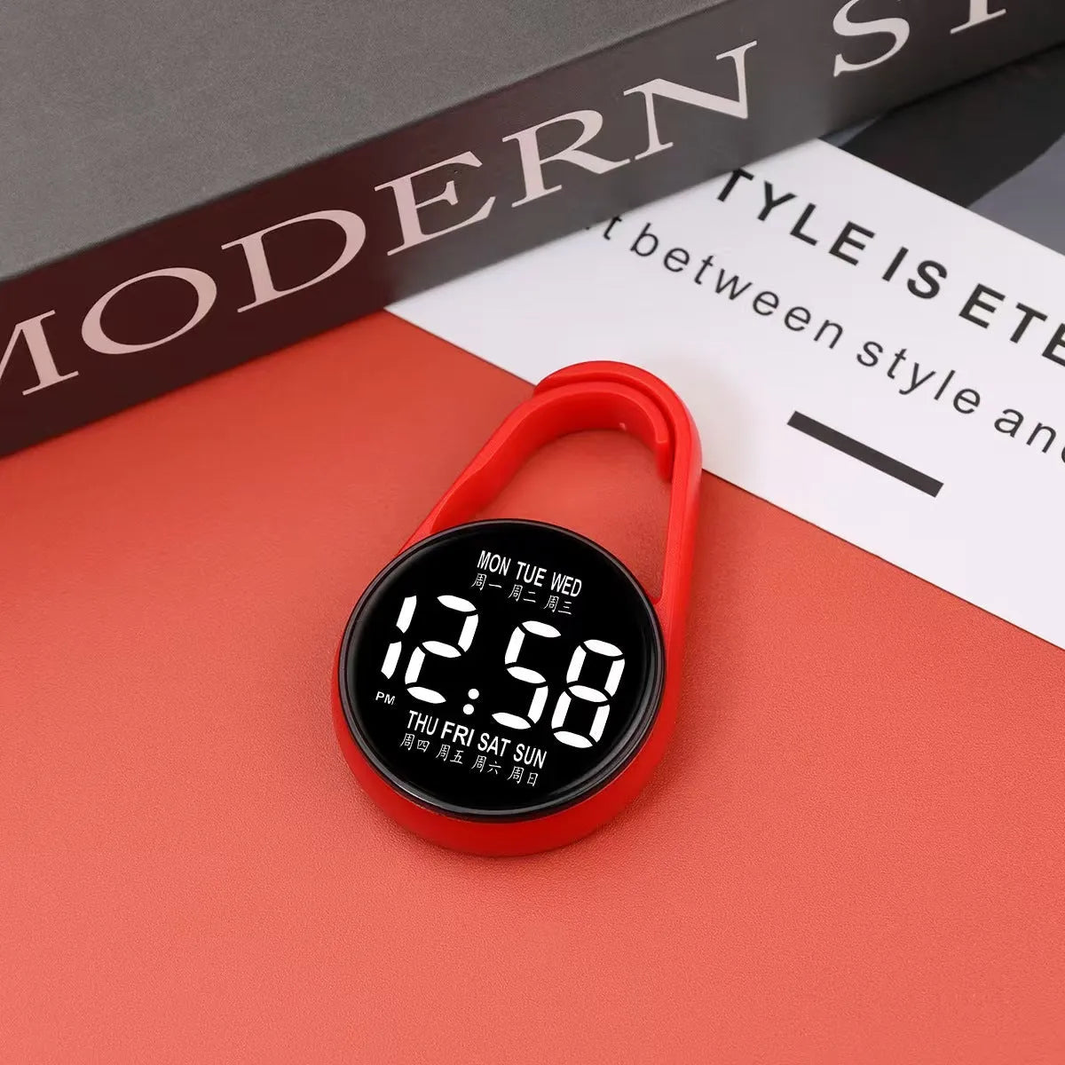 Mini digital LED electronic watch with plastic strap in various colours like fluorescent green and black on display.