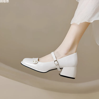 Women's apricot patent leather chunky heel ankle strap pumps with a square toe on a white background