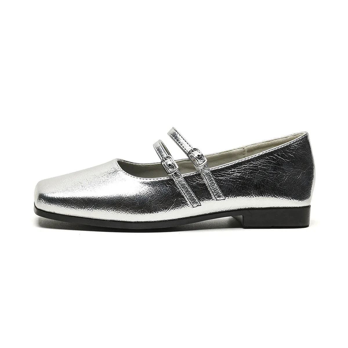Women's silver genuine leather Mary Jane pumps with cross buckle strap and low flat heel