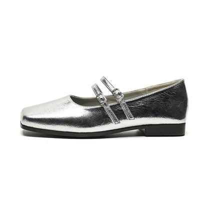 Women's silver genuine leather Mary Jane pumps with cross buckle strap and low flat heel