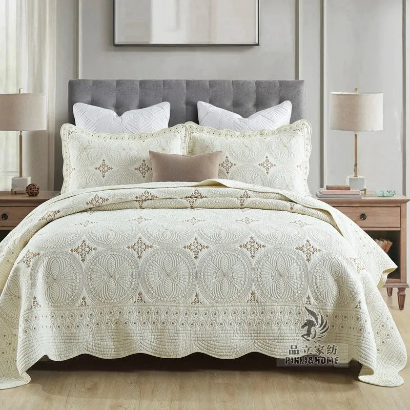 European-style cotton embroidery bed cover with double-thick construction and decorative detailing