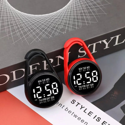 Mini digital LED electronic watch with plastic strap in various colours like fluorescent green and black on display.