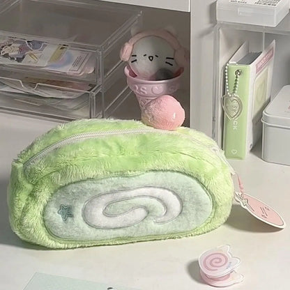 Honeydew Roll plush velvet pencil case with Swiss roll cake design, measuring 20cm in length