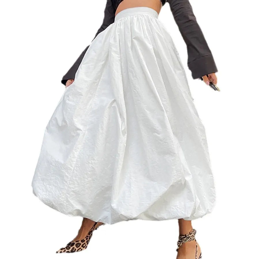Women's solid colour cotton long A-line skirt in black or white temperament commute style