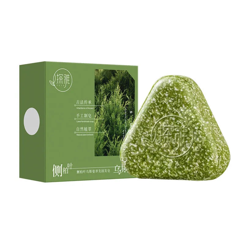 Chinese Arborvitae Twig Usman herbal soap bar measuring 4.2x3.9x1.2cm with 120g weight for hair and face cleansing
