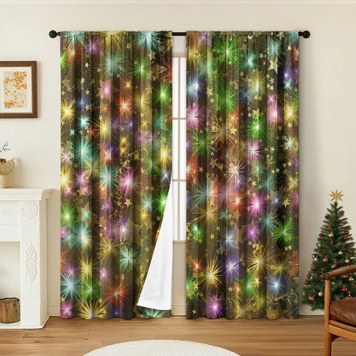 Pair of 3D digitally printed Christmas pattern curtains hung on a window.