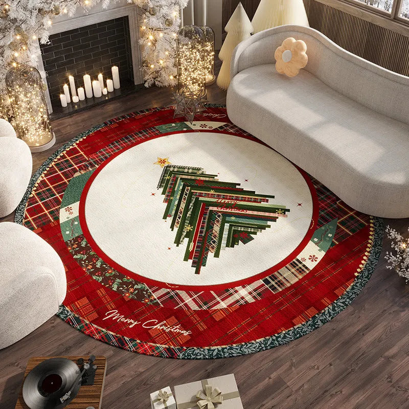 Round red Christmas carpet with festive pattern on a wooden living room floor.