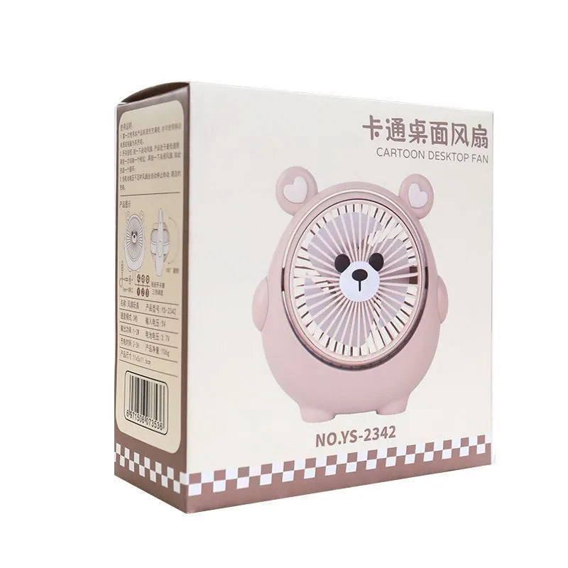 USB desktop fan with dog design showing three speed buttons and USB port, placed on a desk.