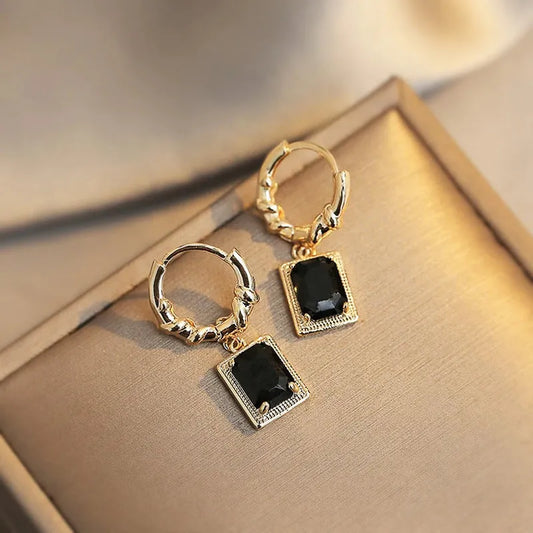 French Court Retro Black Zircon Earrings with quadrilateral geometric shape and copper construction