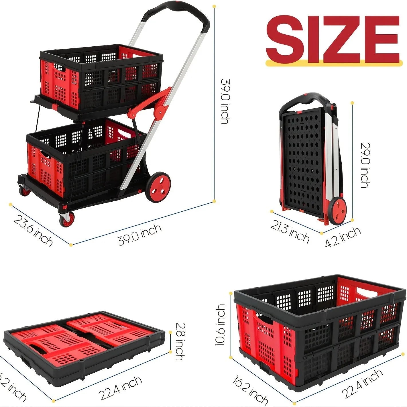 Blue foldable shopping cart with a double-layer plastic basket standing upright.