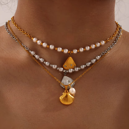 French vintage shell jeweled pendant necklace with titanium steel chain and freshwater pearl bead for women