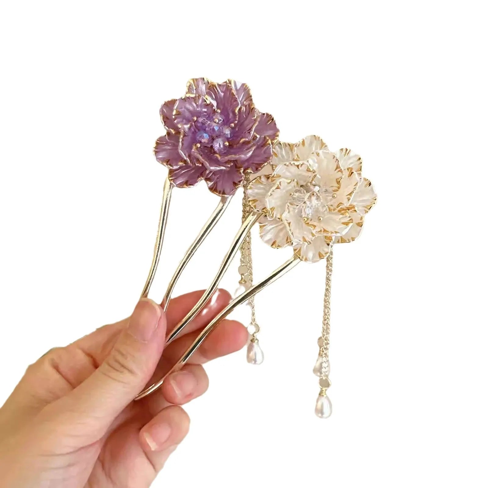 Purple and white peony flower U-shaped hairpin with tassel detailing on alloy barrette