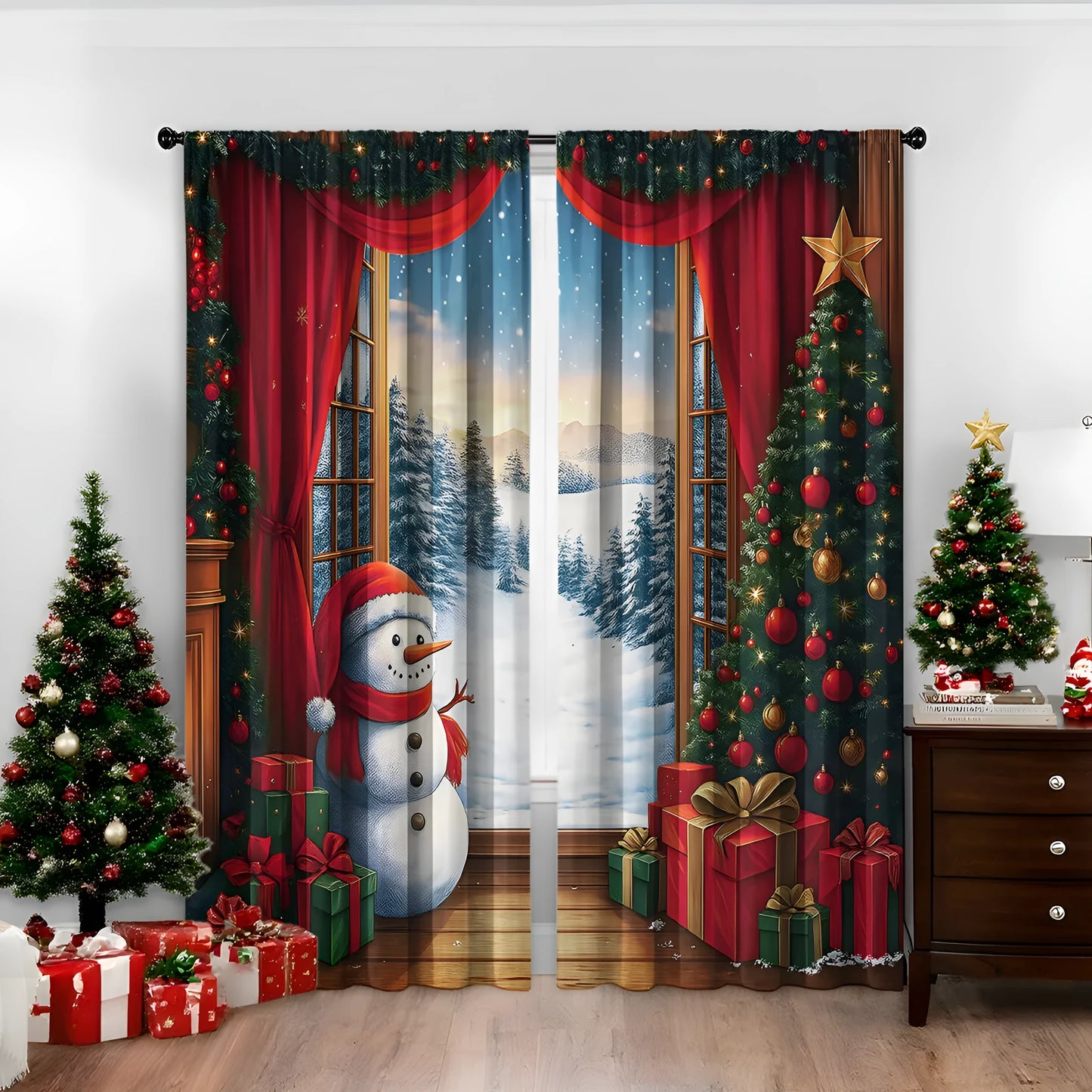 3D digital printed Christmas curtains with festive pattern, available in two sizes with high sunshade function