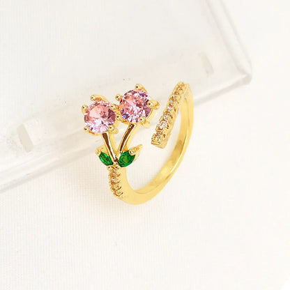 Copper geometric leaf open ring for women with zircon detail and adjustable design