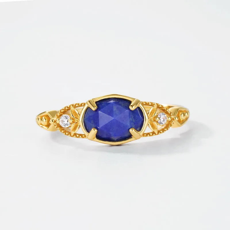 Japanese style lapis lazuli ring with sterling silver ellipse setting and adjustable sizing