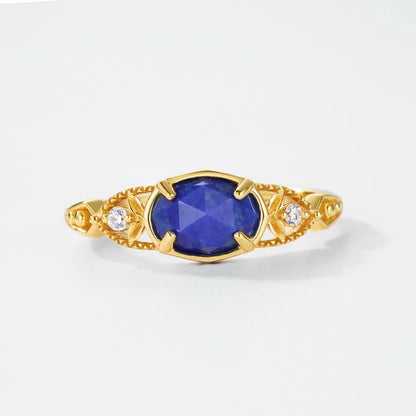 Japanese style lapis lazuli ring with sterling silver ellipse setting and adjustable sizing