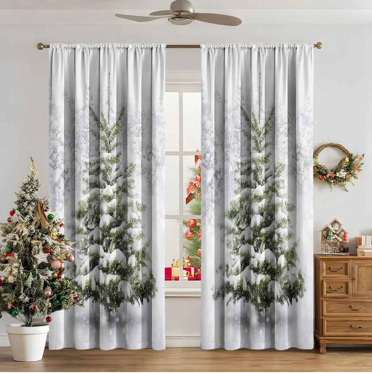 3D digital printed Christmas curtains with festive pattern, available in two sizes with high sunshade function